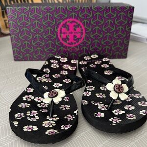 Tory Burch Black and Pink Floral Sandals